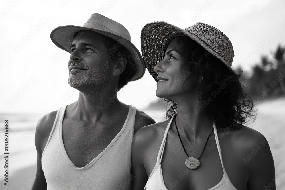 Couple gazes at the ocean horizon in profile.