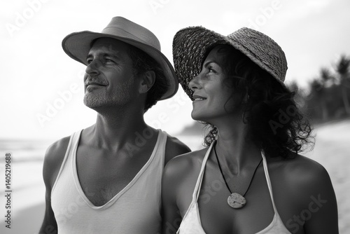Obraz na płótnie Couple gazes at the ocean horizon in profile. w salonie