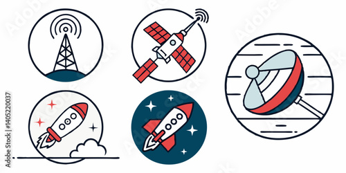Vector Space Communication Icons: Antenna, Satellite, Rocket, Dish