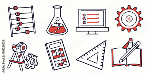 STEM Education Learning Icons Abacus Flask Computer Calculator Ruler Notebook Gear Pencil
