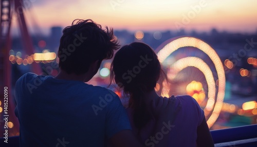 Couple gazes at a vibrant city at dusk from a funfair vantage point.