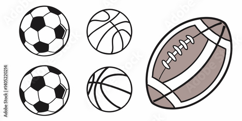 Vector Sports Balls: Soccer Balls, Basketballs, and Football Graphic