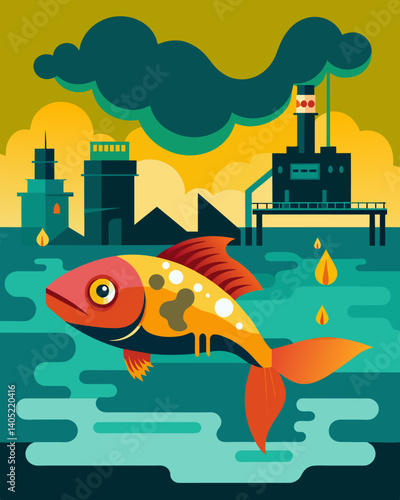 The death of a rare species of fish due to the toxic waste being released from a factory into the river it called home.. Vector illustration