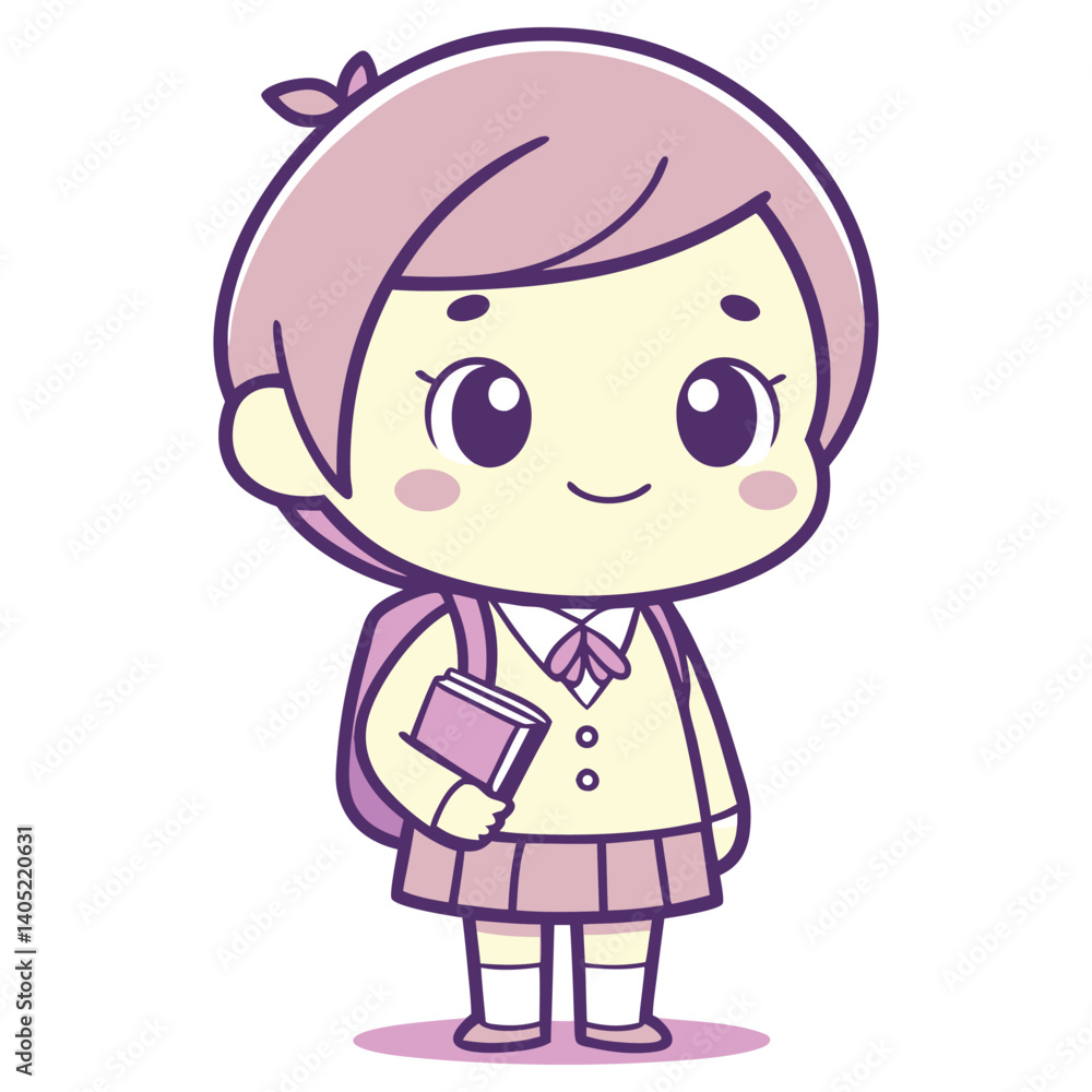 Cartoon Schoolgirl with Backpack and Book in Hand Ready for Class, on White