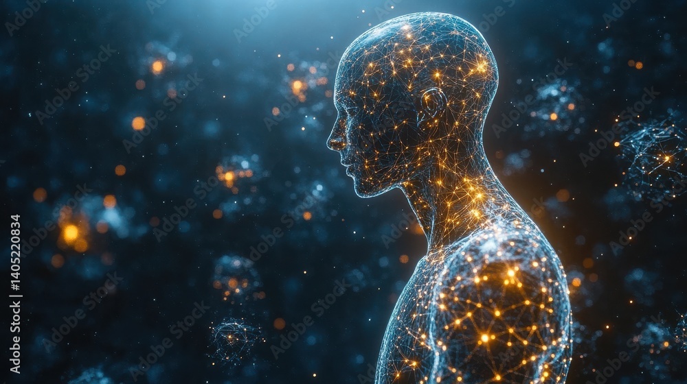 Futuristic Digital Human Figure with Glowing Neural Network. Concept of Artificial Intelligence, Technology, and Virtual Consciousness Futuristic Digital Human Figure with Glowing Neural Network. Concept of Artificial Intelligence, Technology, and Virtual Consciousness