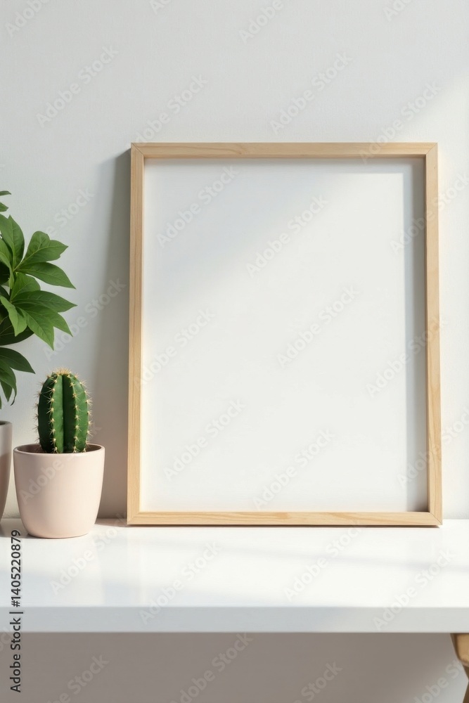 Modern white desk, picture frame mockup, small cactus, flatlay, plant Modern white desk, picture frame mockup, small cactus, flatlay, plant