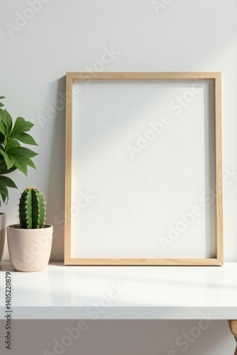Modern white desk, picture frame mockup, small cactus, flatlay, plant
