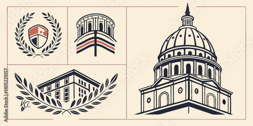 Vintage Style Architectural Line Art Buildings Dome Shield Laurel Wreath