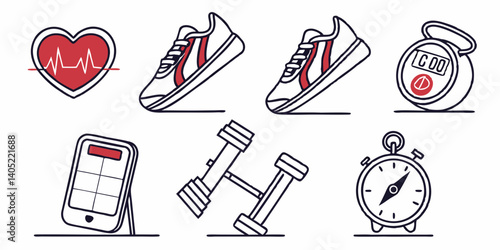Fitness Equipment Icons Set: Heart, Running Shoes, Digital Timer, Analog Stopwatch, Dumbbells, Smartphone Vector Art