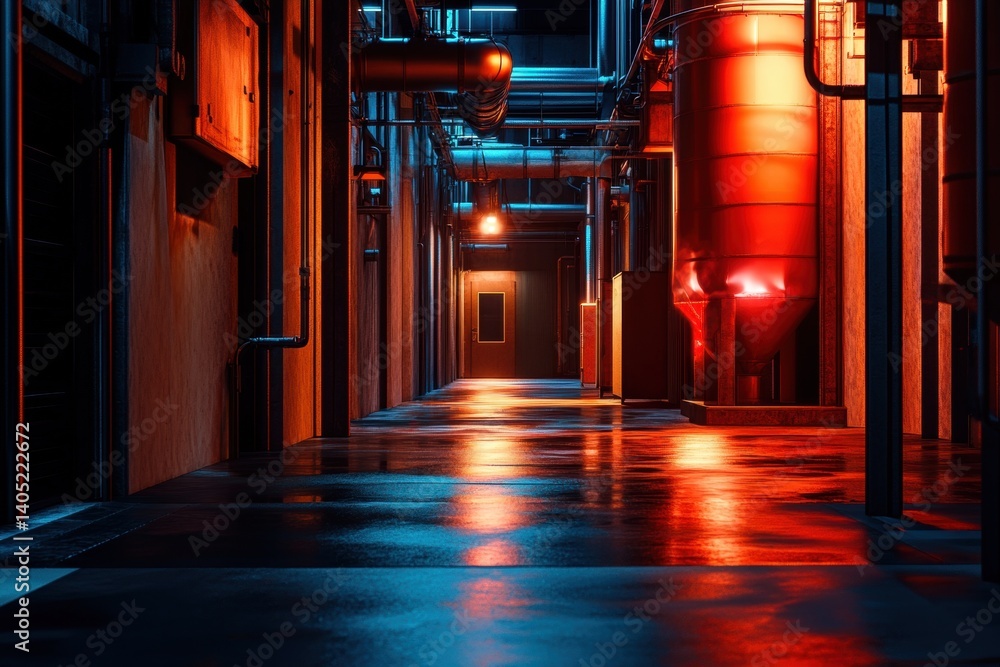 Industrial corridor bathed in vibrant, contrasting lighting.