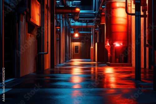 Obraz na płótnie Industrial corridor bathed in vibrant, contrasting lighting. w salonie