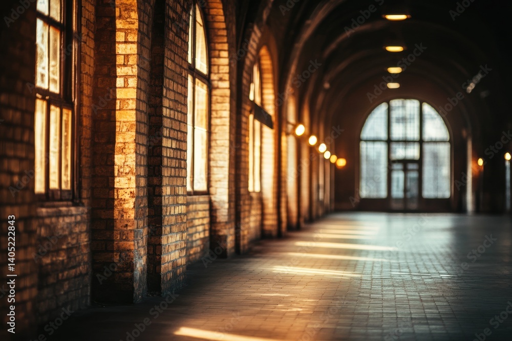 Sunlight streams through arched windows in a historic brick corridor.