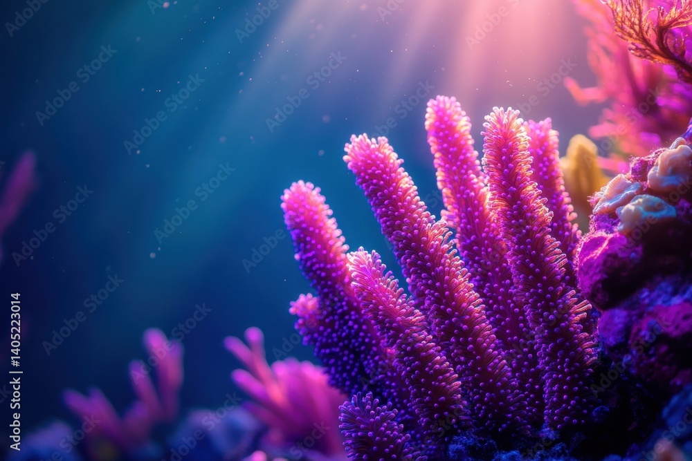 Vibrant coral formations in an underwater scene.