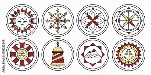 8 Graphic Circular Emblems Sun Face Ship Wheel Floral Compass Gear Lighthouse Mountains Anchor
