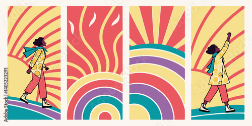 Retro 70s Style Hopeful Woman Sun Rainbow Art Panels