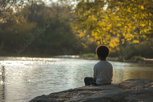 Peaceful contemplation by a flowing stream.