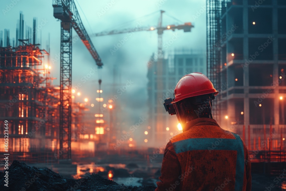 Construction worker watches the night cityscape during construction.