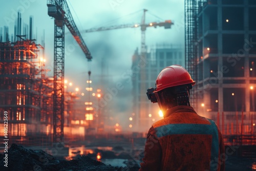 Obraz na płótnie Construction worker watches the night cityscape during construction. w salonie