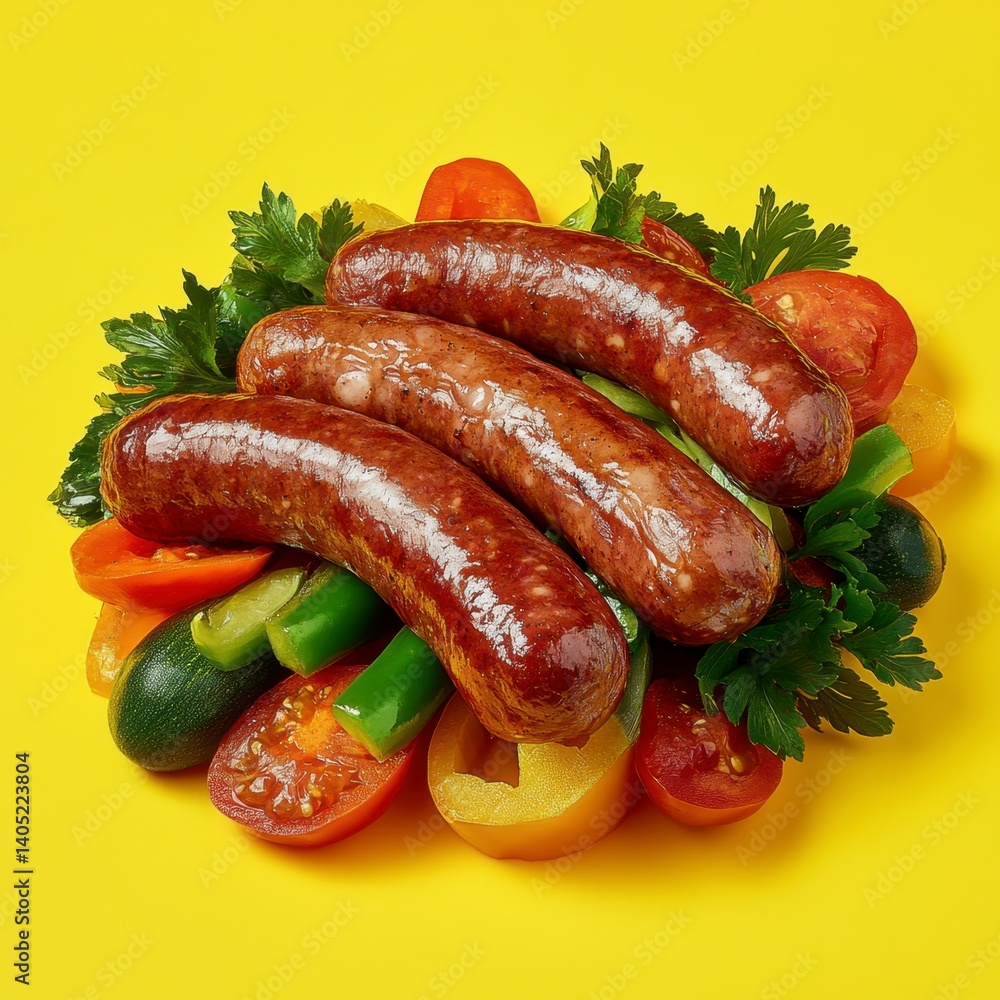 Grilled Sausages with Fresh Vegetables on a Vibrant Yellow Background Grilled Sausages with Fresh Vegetables on a Vibrant Yellow Background