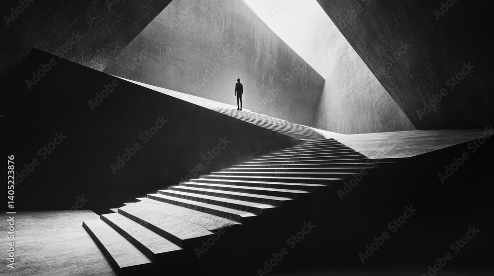 Monochrome architectural interior featuring a solitary figure.