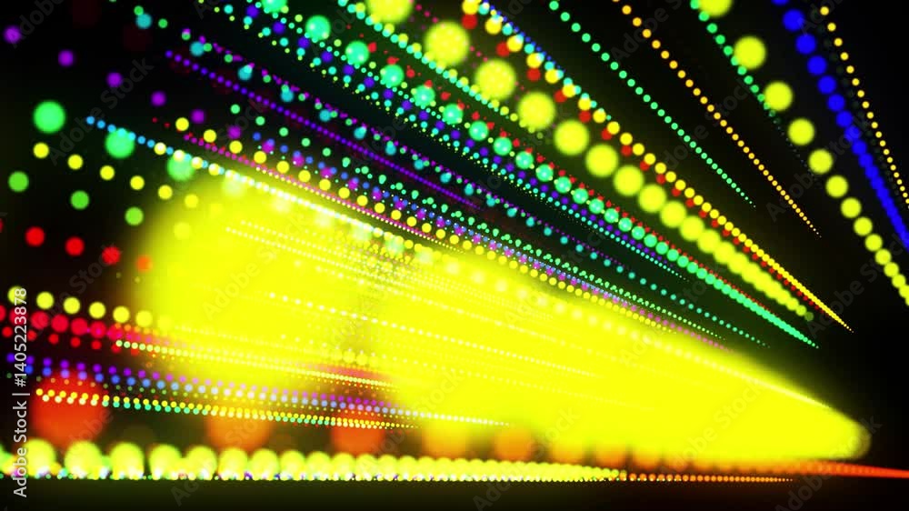abstract 3d loop background with glowing particles lined up in a row in 3d space. Festive vj loop with multicolored particles and smooth animated camera. Motion design background.