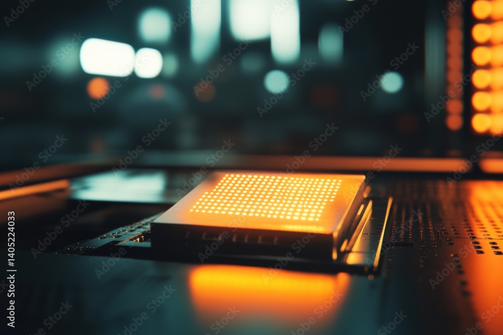 Illuminated electronic component rests on a circuit board.