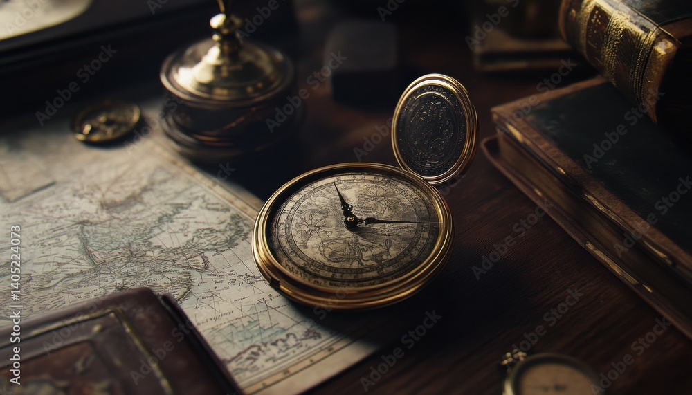 Antique brass compass sits amidst vintage maps and books.