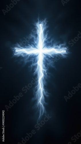 A cross radiating energy against a dark background with a silhouette of a hand.