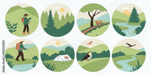 Circular Outdoor Nature Landscape Adventure Vignettes Flat Vector Hiking Camping Birds River Tree Illustrations