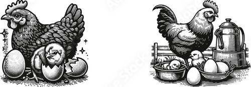Set of Engraving Designs Featuring Chicken on a Farm with Eggs and Baby Chicks – Rustic Farm Animal Art for Wood chicken, farm animal, woodcut, baby, chick,illustration,  poultry,monochrome