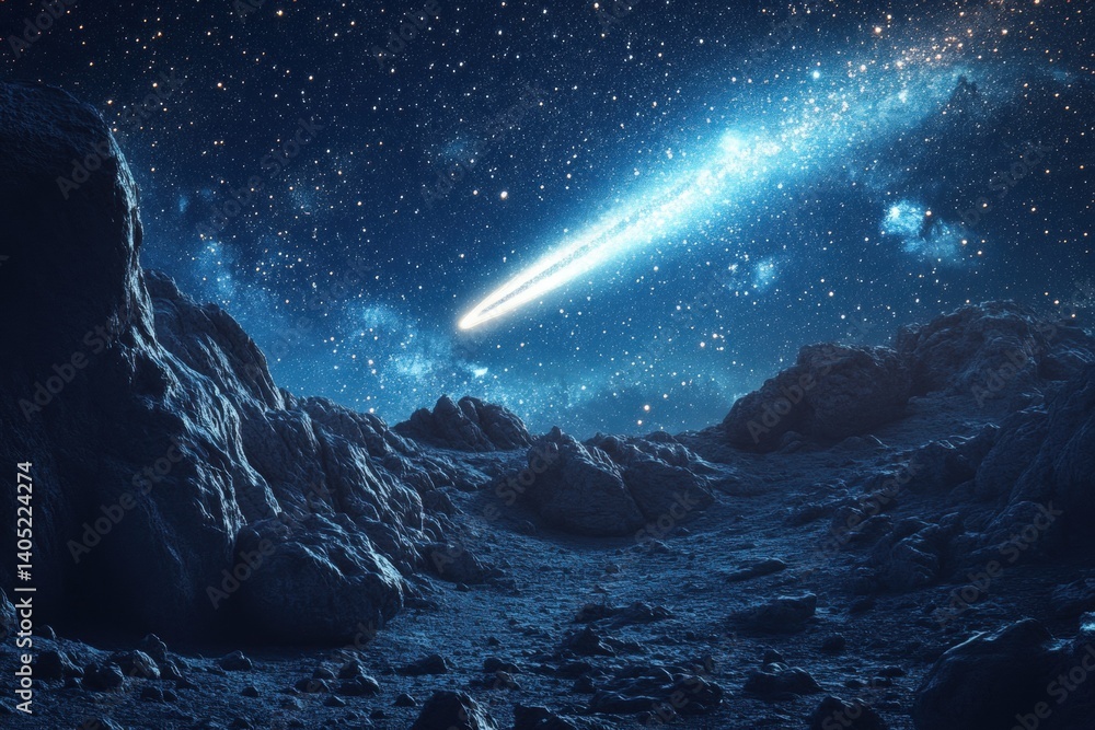 A celestial comet streaks across a night sky over alien terrain.