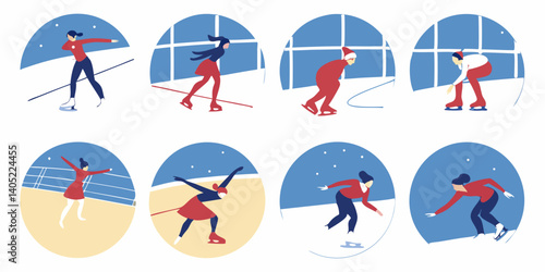 Winter Ice Skating People Cartoon Illustrations