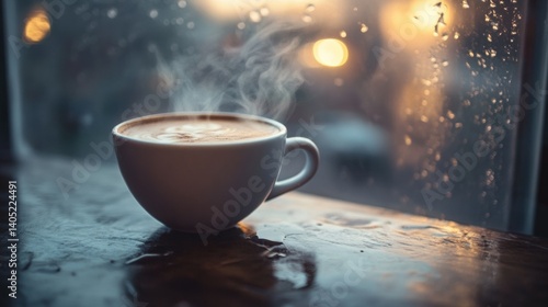 Obraz na płótnie Steaming coffee cup on a rainy windowsill. w salonie