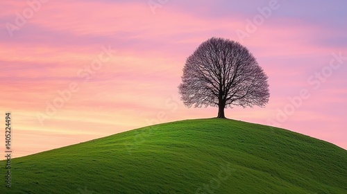 Silhouette of a Tree on a Green Hill at Sunset