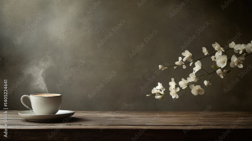 Still life of steaming coffee and delicate blossoms.