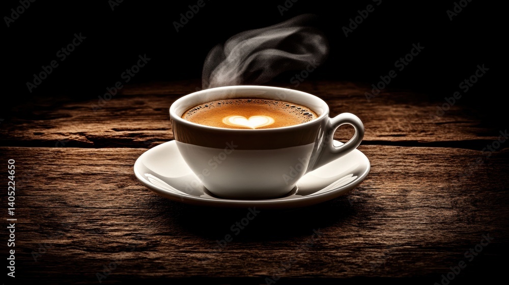 Steaming coffee cup with heart latte art on a rustic wooden table.