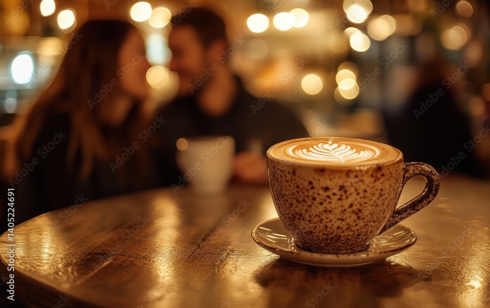 Romantic latte in a cozy cafe setting.