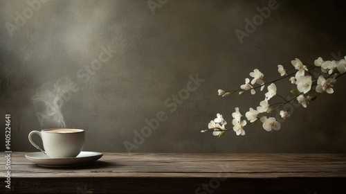 Obraz na płótnie Still life of steaming coffee and delicate blossoms. w salonie
