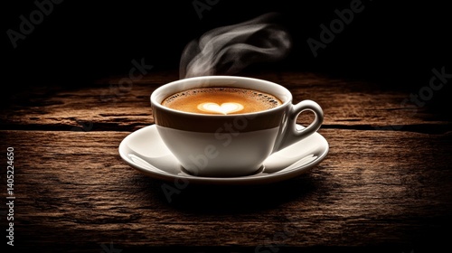 Obraz na płótnie Steaming coffee cup with heart latte art on a rustic wooden table. w salonie