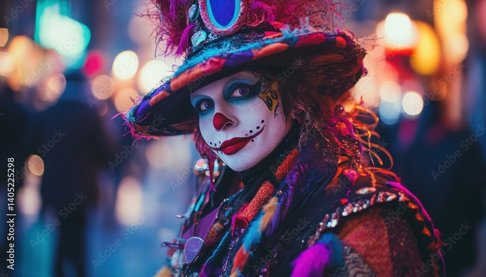 Colorful, elaborate clown costume in a bustling urban setting.