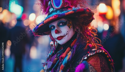 Obraz na płótnie Colorful, elaborate clown costume in a bustling urban setting. w salonie