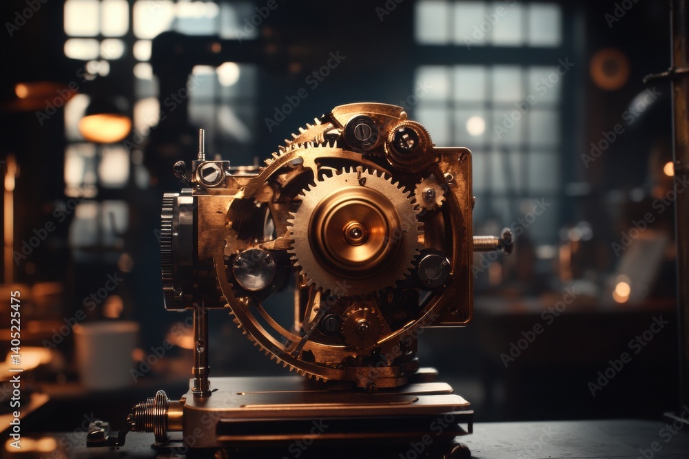 Intricate brass clockwork mechanism in a dark workshop setting.