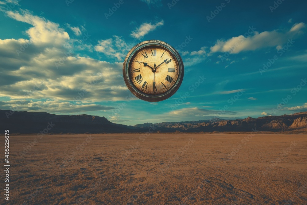 Suspended clock in a vast, arid landscape under a serene sky.