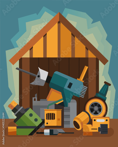 A pile of broken and outdated power tools rusted and useless in the corner of a neglected shed.. Vector illustration