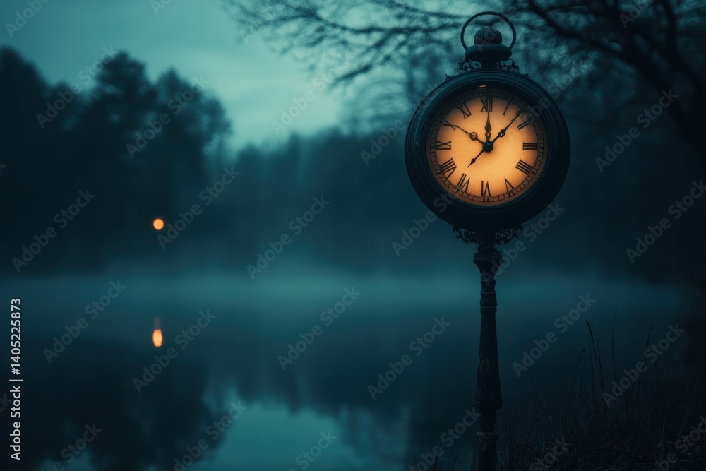Antique clock by a misty lake at twilight.