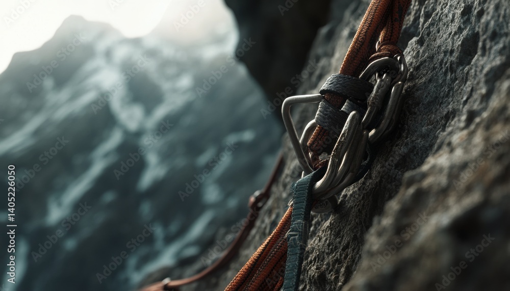 Close-up rock climbing gear attached to a mountain face.