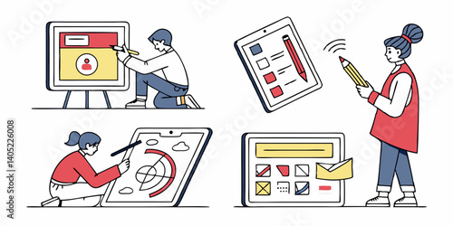 Digital Design Workflow Illustration People Tablets Stylus Flat UI UX Style