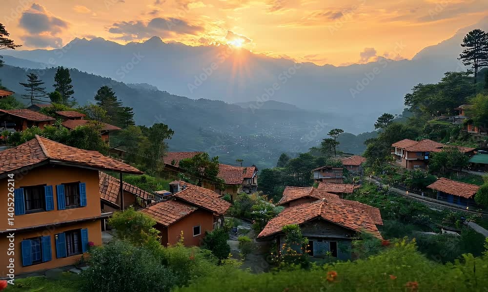 Sunset view of houses nestled in mountain village with blooming flowers. Sunset view of houses nestled in mountain village with blooming flowers.