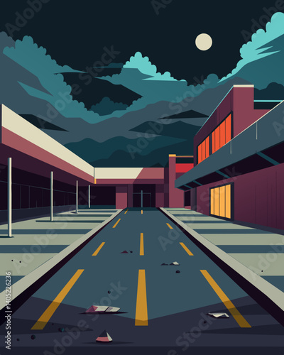 The parking lot of the abandoned shopping center is eerily empty devoid of the usual carfilled chaos.. Vector illustration