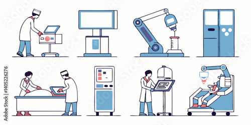 Medical Robot Surgery Vector Illustration Set Flat Blue and White Style Doctors Operating Modern Digital Machines in Surgery Room for Medical Procedures and Patient Care